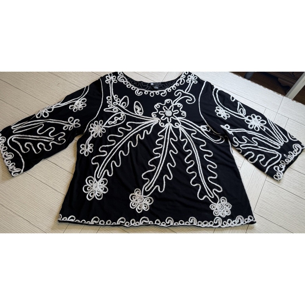 Carole Little VTG Women 3X Blouse Top Blk White Embroidered 3/4 Sleeve Boho Glam